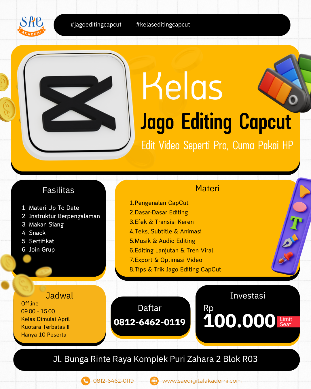kursus editing CapCut, belajar edit video CapCut, pelatihan CapCut pemula, kelas editing video online, tutorial CapCut lengkap, cara edit video viral, editing video untuk TikTok, transisi smooth CapCut, optimasi video CapCut, kursus konten kreator,