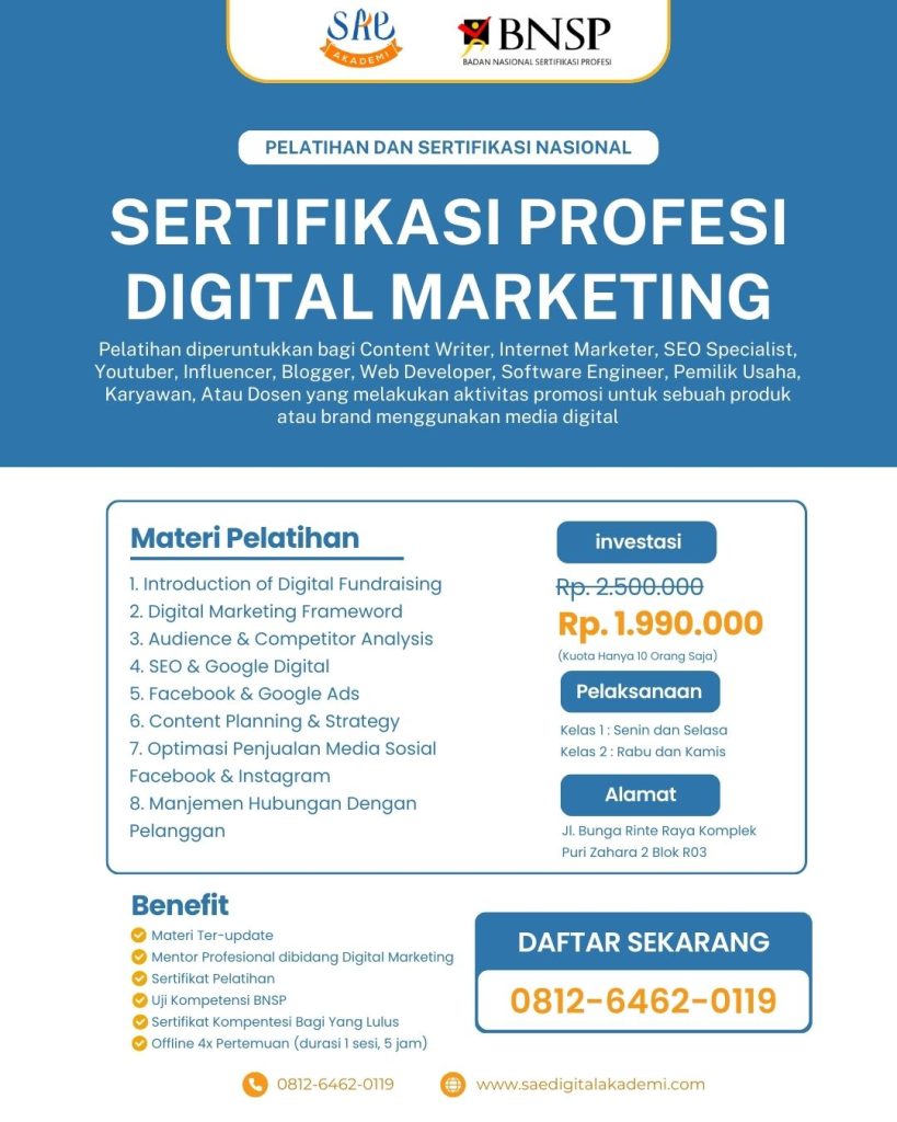 sertifikasi bnsp digita marketing 2025, kursus digital marketing di medan, sertifikasi bnsp digital marketing di medan, pelatihan digital marketing di medan, workshop digital marketing di medan